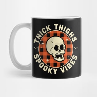 Thick Thighs Spooky Vibes Funny Halloween Skull Orange Plaid Mug